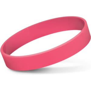 A pink silicone wristband, featuring a smooth, flexible design suitable for various events and promotional uses.