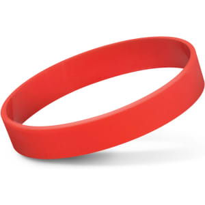 A silicone wristband in bright red color, designed for promotional use.