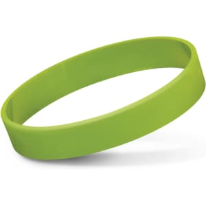 A green silicone wristband featuring a smooth surface and a subtle shine, with a logo visible on the side.