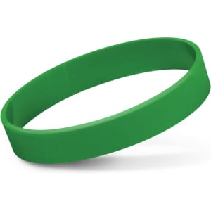 A green silicone wristband is displayed against a white background.