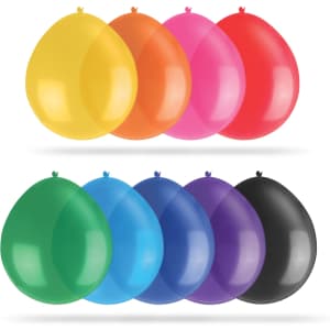 A collection of 30cm balloons in yellow, orange, pink, red, green, blue, purple, and black. Features a logo.