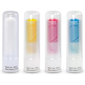 A set of four zinc sticks in transparent packaging, featuring pink, yellow, blue, and clear colours. Each has a brand logo.