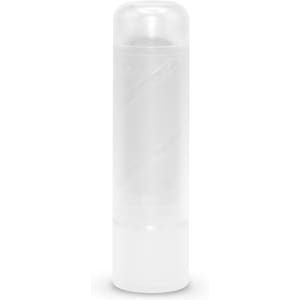 A clear, cylindrical stick container with a white base and a twist mechanism on top.