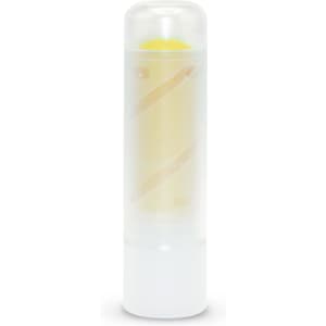 A transparent stick with a yellow core, featuring a white base. It has a twisted design and a logo on its surface.