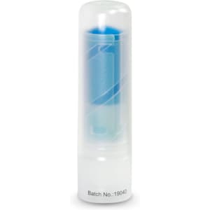 A clear container with a blue stick inside, featuring a branded base.