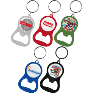 A drink bottle opener key ring set in silver, green, blue, red, and black, featuring various logos and designs.