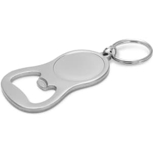 A stainless steel bottle opener key ring with a smooth, minimalist design and a circular space for branding.