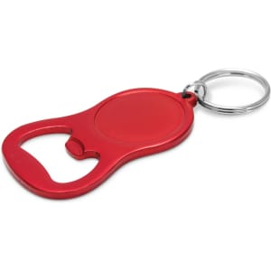 A drink bottle opener key ring in red with a circular attachment for easy carrying. Features a metal key ring.