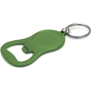 A drink bottle opener key ring in green, featuring a simple design and a metal keyring attachment.