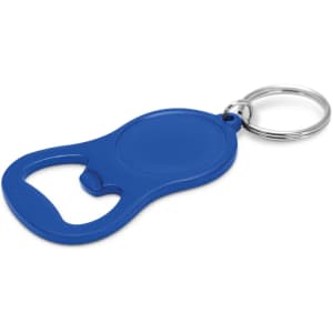 A drink bottle opener key ring in vibrant blue, featuring a smooth design and a sturdy metal key ring.