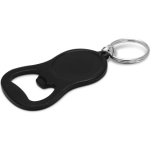 A drink bottle opener key ring in black with a circular key ring attachment and a sleek design.