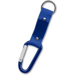 A blue carabiner key ring with a textured strap and a metal keyring attachment. It features a logo.