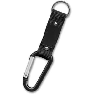A black carabiner key ring with a fabric strap and a circular keyring attachment. It features a logo.