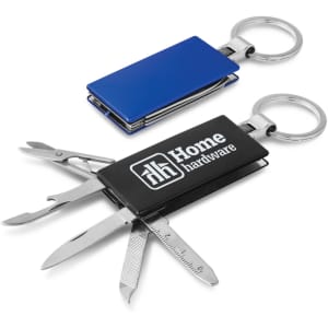 A multi-function metal key ring in black and blue, featuring several tools and a keyring attachment.