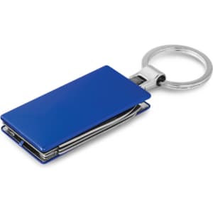 A blue multi-function metal key ring with a sleek rectangular design and a silver keyring attachment.