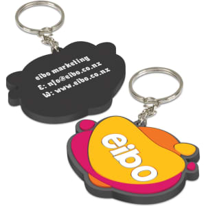 A PVC key ring in black and vibrant colours, featuring a moulded design and a metal keychain attachment.