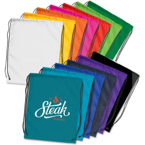 A collection of brightly coloured drawstring backpacks in various shades, including white, yellow, pink, and teal, each with a logo.