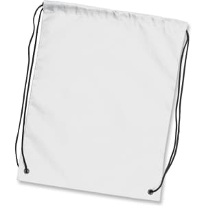 A white drawstring backpack with black cords, featuring eyelets at the bottom corners and a smooth surface.