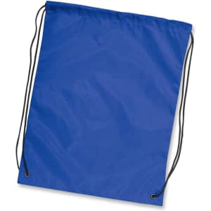 A blue drawstring backpack with black cords and a simple design. It features a logo on one side.