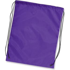 A purple drawstring backpack with black cords, featuring a simple design and no prominent logos.