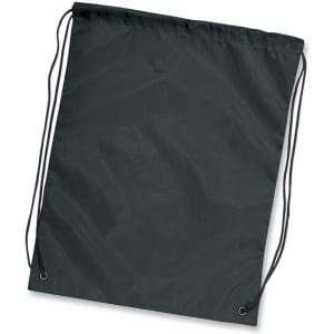 A black drawstring backpack with two cords for closure and a simple, unadorned design.