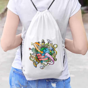 A drawstring backpack in white with a vibrant, multicoloured graphic design and a logo on the front.