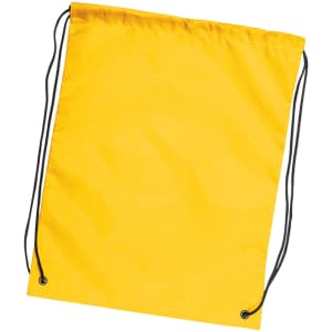 A yellow drawstring backpack with black cords, featuring a branding logo.
