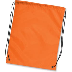 An orange drawstring backpack with black cords. It has a simple, unadorned design and no visible branding.