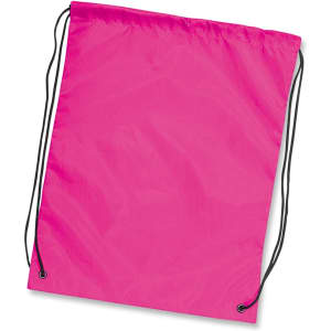 A bright pink drawstring backpack with black cords for closure and adjustable straps. It features a simple design.