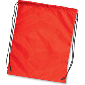 A red drawstring backpack with black cords for closure and no visible logos or branding.