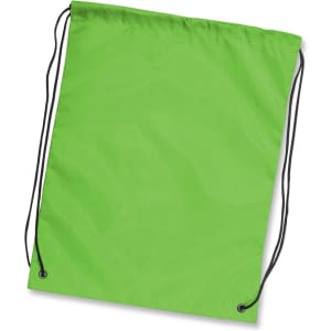 A bright green drawstring backpack with black cord straps and a simple design, featuring a branding logo.