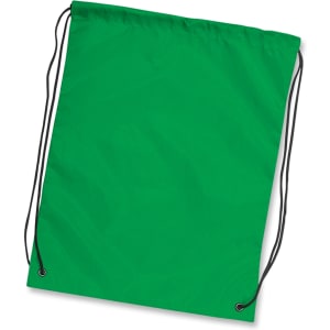 A green drawstring backpack with black cords, featuring reinforced corners and a simple design.