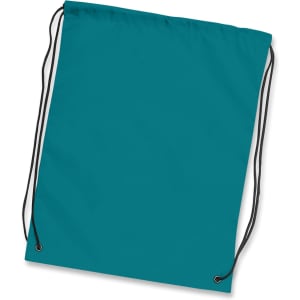 A teal drawstring backpack with black cords and eyelets. It has a simple, unembellished design.