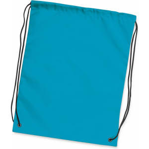 A turquoise drawstring backpack with black cords, featuring reinforced eyelets.
