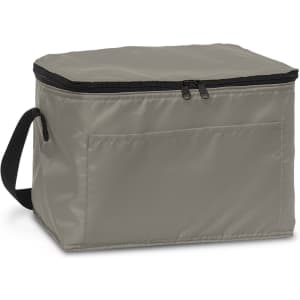 A grey cooler bag with a zip closure and a side handle, featuring a front pocket and a simple design.