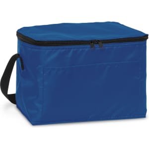 A blue cooler bag with a zippered top and a black handle, featuring a front pocket and a logo.