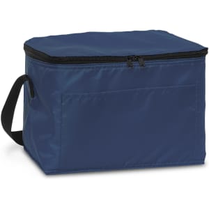 A navy blue cooler bag with a zippered top and a side handle, featuring a front pocket and a logo.