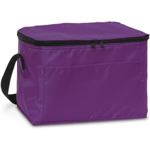A purple cooler bag with a zip closure and a side handle, featuring one external pocket.