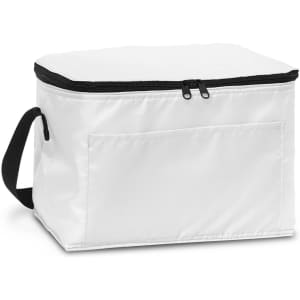 A white Alaska cooler bag with a black zipper and a side handle for easy carrying. It features a front pocket.