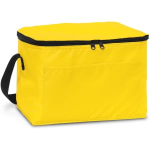 A yellow cooler bag with a zip closure and a black strap, featuring a side pocket and a simple design.