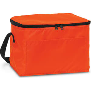 An orange cooler bag with a zippered top and a side handle. It features a front pocket and has a logo.