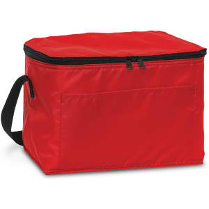 A red cooler bag with a zip closure and a black handle, featuring a front pocket and a logo.