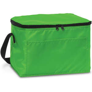 A green cooler bag with a zippered closure and a black handle, featuring a front pocket.