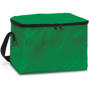 A green cooler bag with a zippered top, featuring a side handle and a front pocket. It has a simple branding logo.
