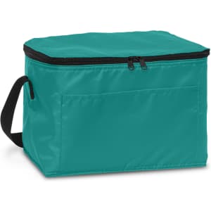 A teal insulated cooler bag with a zippered top and a side handle, featuring a front pocket.