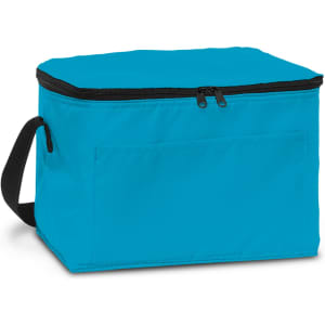 A turquoise cooler bag with a zip closure and a black handle. It features a front pocket and a solid colour design.