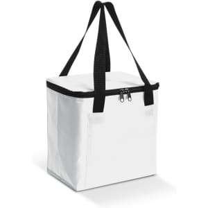 A white cooler bag with black straps and a zipper closure. It has a branding logo on one side.
