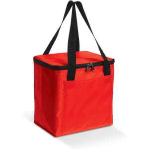 A red insulated cooler bag with black straps and a zippered top, featuring a side pocket and branding.