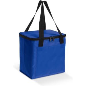 A blue cooler bag with a zippered top and black handles, featuring a front pocket and a square shape.