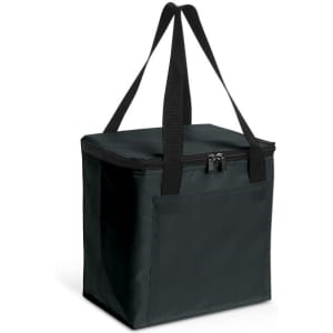 A dark green cooler bag with a zippered top and black handles. It features a simple design and has a side pocket.